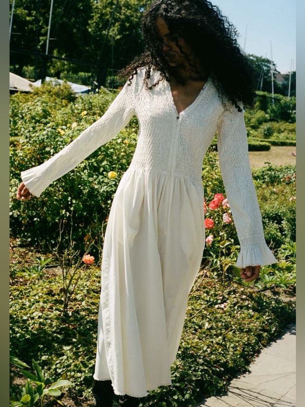Sea New York Casey Hand Smocked Cream White Long Sleeve Dress